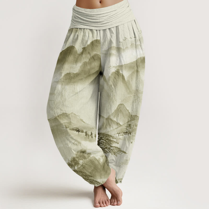 Mountains Trees Landscape Ink Painting Women's Elastic Waist Harem Pants