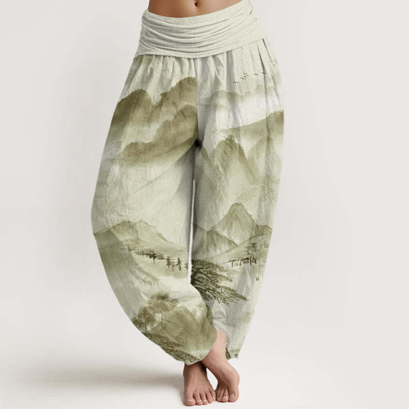 Mountains Trees Landscape Ink Painting Women's Elastic Waist Harem Pants