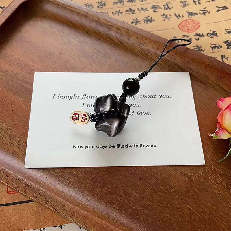 Silver Sheen Obsidian Black Obsidian Gold Sheen Obsidian Cute Cat Fu Character Protection Key Chain Phone Hanging Decoration