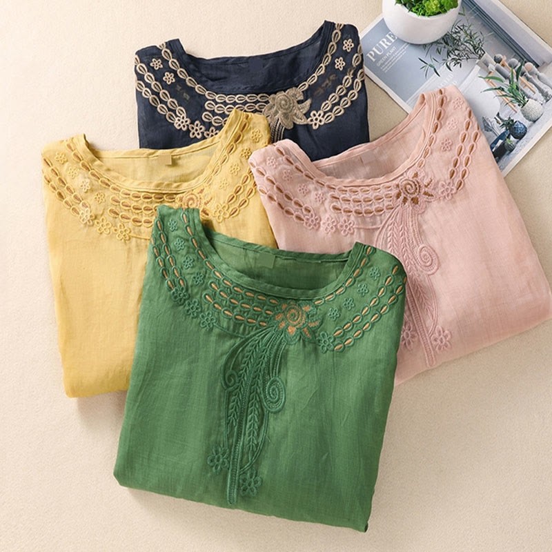 Artistic Plain Floral Embroidered Design Crew Neck Puff Half Sleeve Cotton Linen Women's T-Shirt