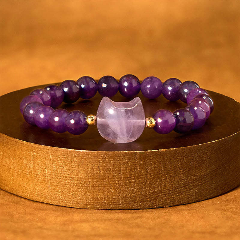 Amethyst Green Aventurine Rose Quartz Fluorite Cat Head Balance Luck Bracelet
