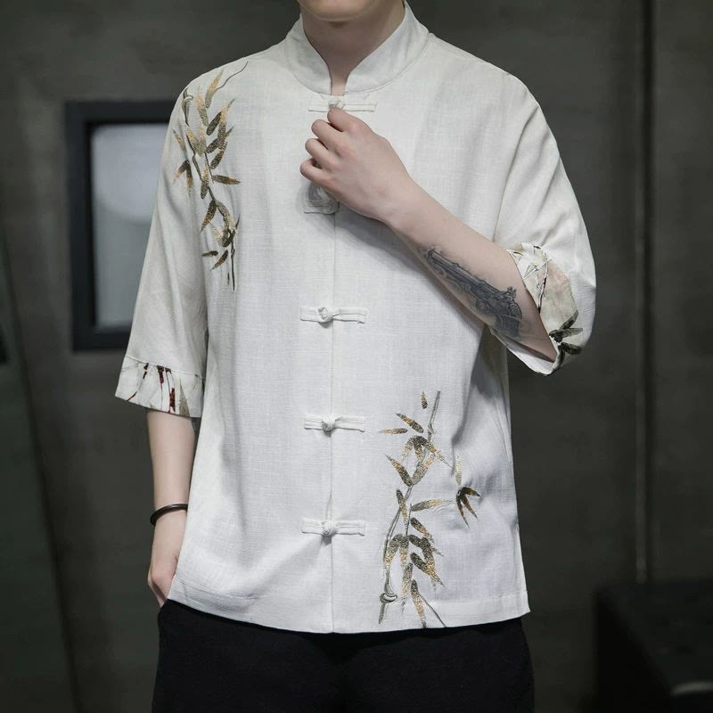 Men's Frog-Button Bamboo Linen Half Sleeve Shirt