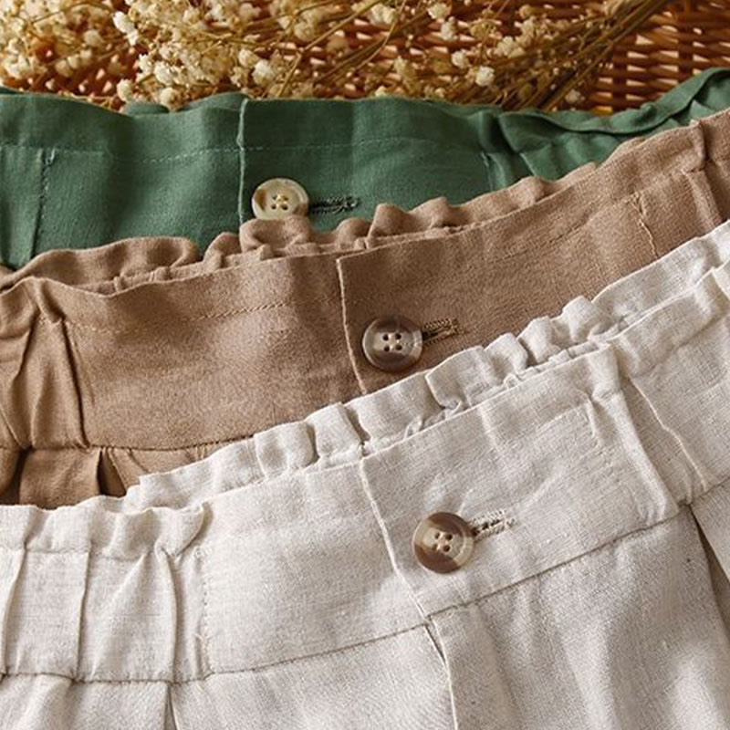 Plain Color Pleated Zipper Button Cotton Linen Women's Shorts With Pockets