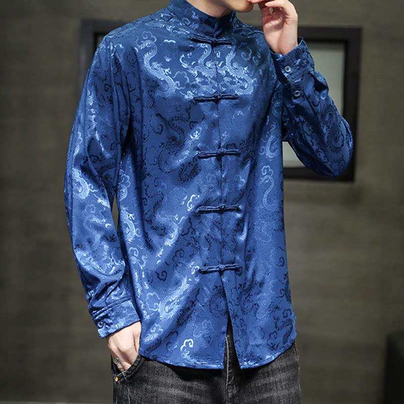 Casual Dragon Pattern Frog-button Tang Suit Linen Men's Jacket Shirt