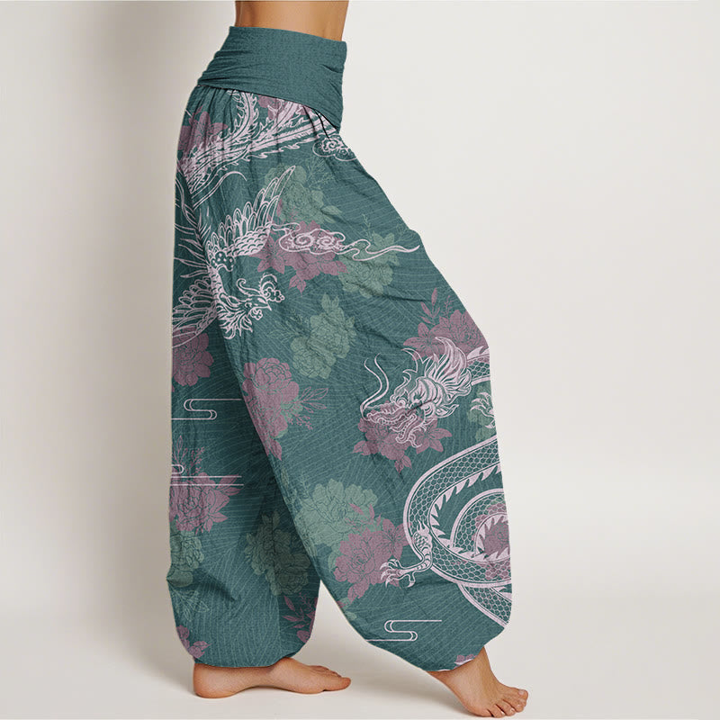 Dragons Roses Auspicious Clouds Phoenix Women's Elastic Waist Harem Pants