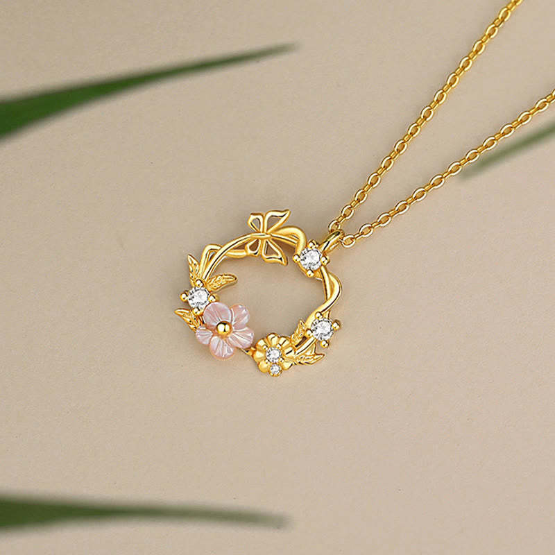 925 Sterling Silver Cubic Zirconia Shell Butterfly Peach Blossom Blessing Necklace Pendant
