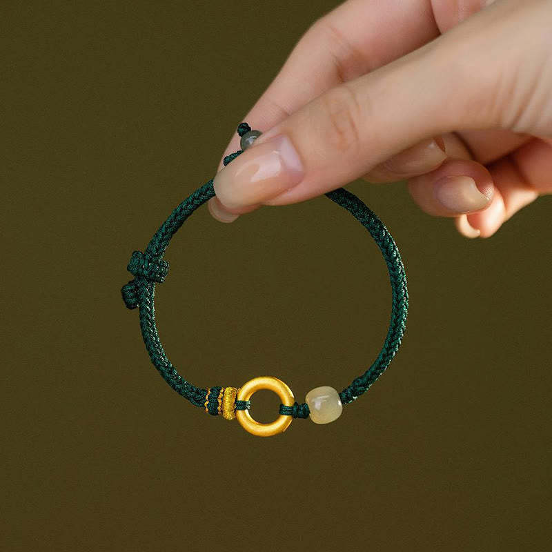 999 Sterling Silver Peace Buckle Hetian Jade Bead Luck Green Rope Braided Bracelet