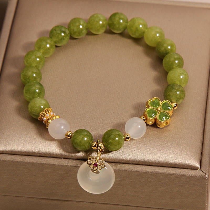 Green Tourmaline Chalcedony Four Leaf Clover Peace Buckle Charm Wisdom Bracelet