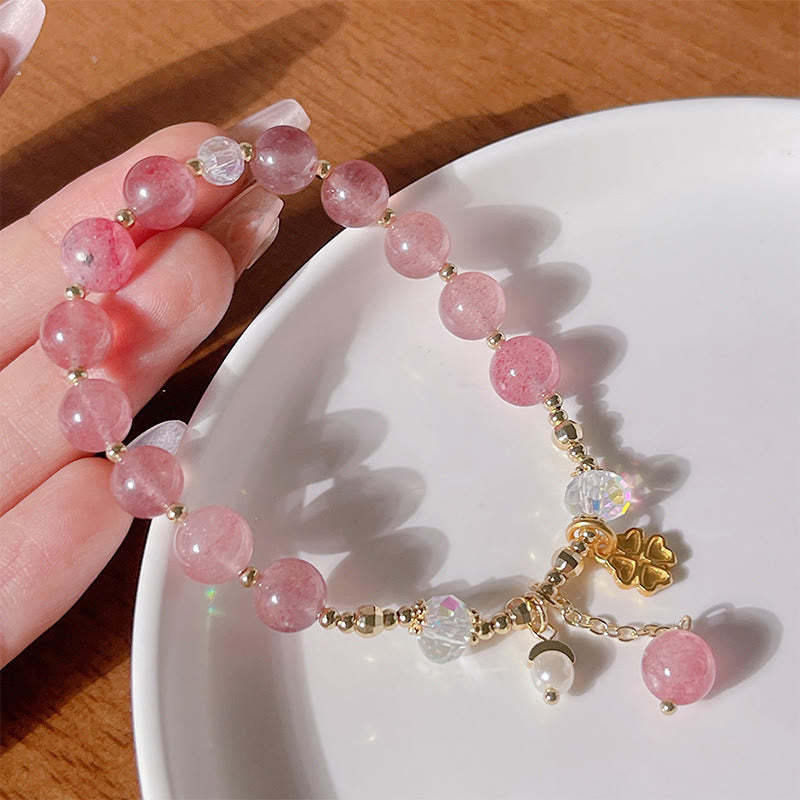 Natural Strawberry Quartz Four Leaf Clover Healing Bracelet