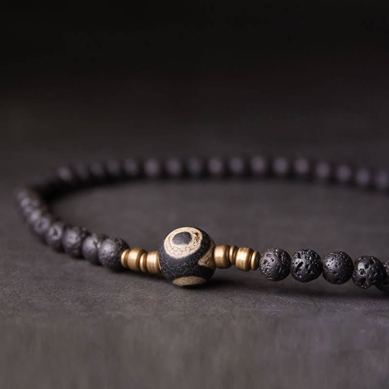 Vintage Lava Rock Three-eyed Dzi Bead Copper Brass Beads Double Wrap Healing Bracelet