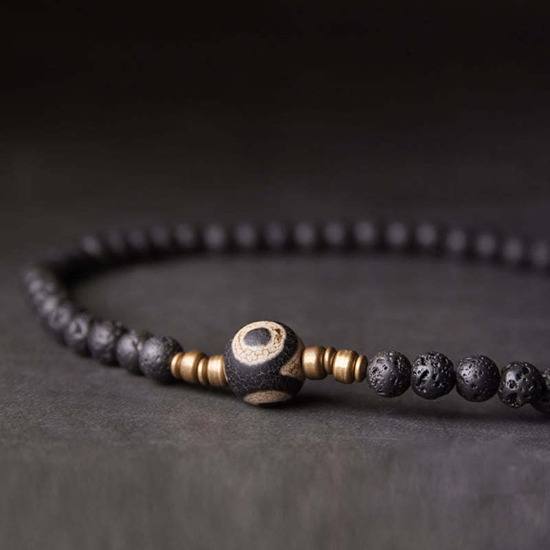 Vintage Lava Rock Three-eyed Dzi Bead Copper Brass Beads Double Wrap Healing Bracelet