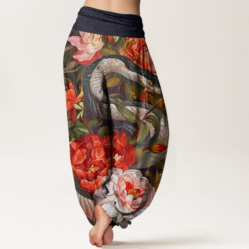 Snake Peony Flowers Leaf Pattern Women's Elastic Waist Harem Pants