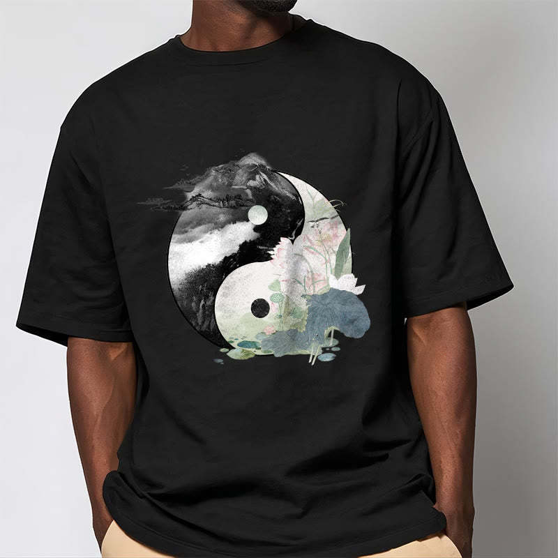 Yin Yang Lotus Leaf Ink Painting Cotton Tee T-shirt