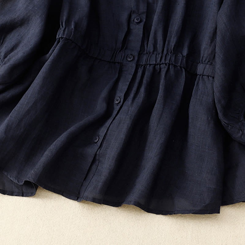 Spring Plain Button Half Puff Sleeve Waisted V-Neck Cotton Linen Women's Shirt