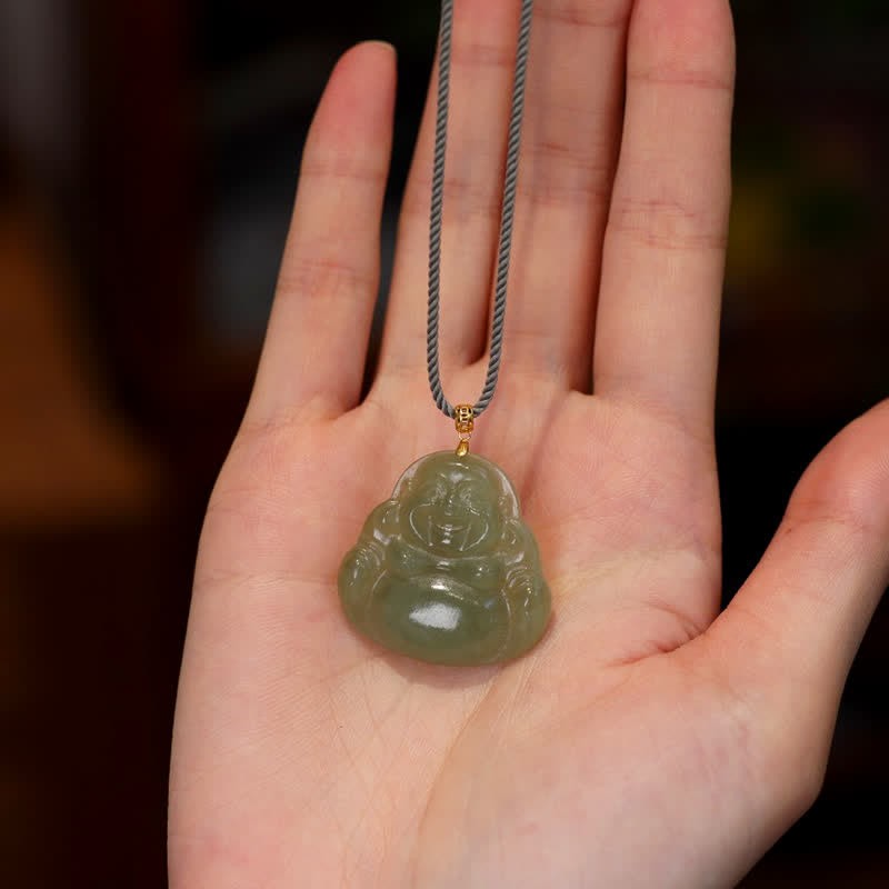 18K Gold Laughing mystic zen Jade Abundance Necklace String Pendant