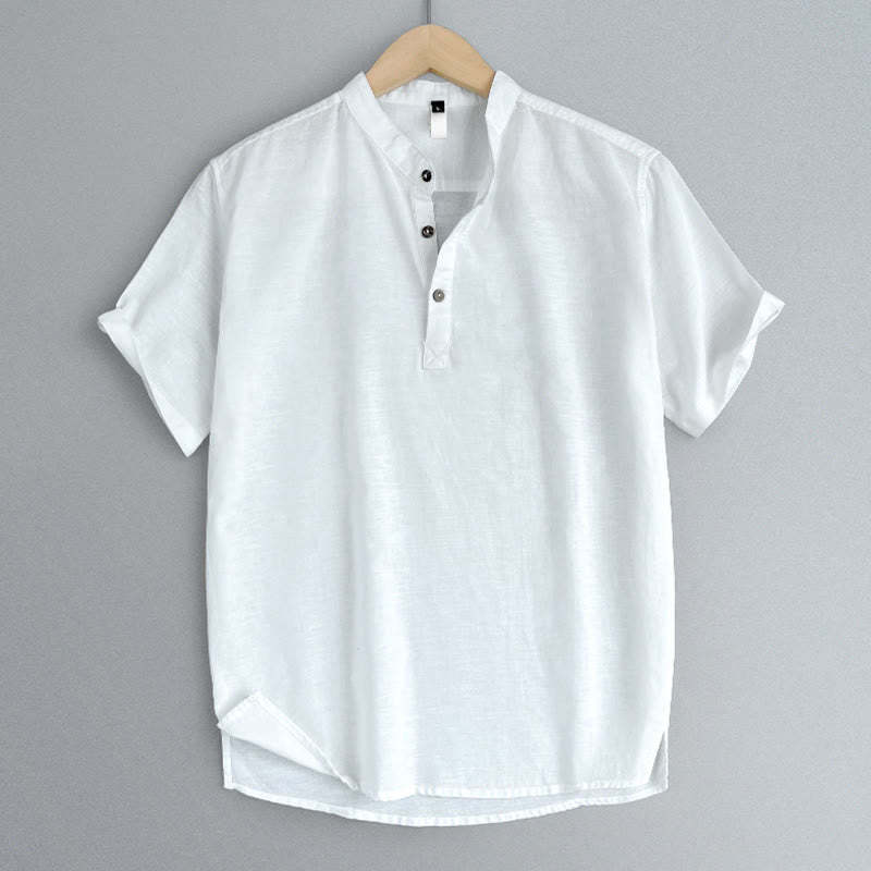 Solid Color Men Short Sleeve Button Linen Shirt