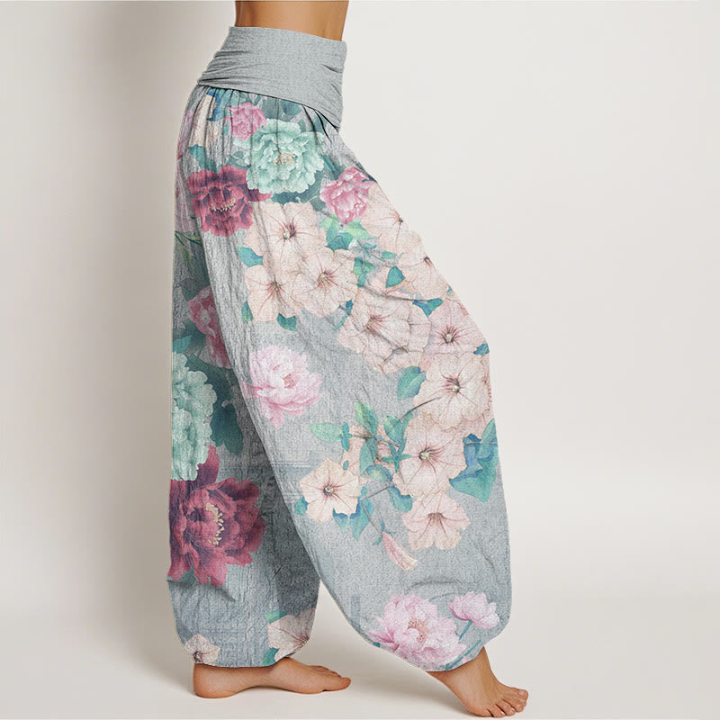 Casual Peony Flower Women's Elastic Waist Harem Pants