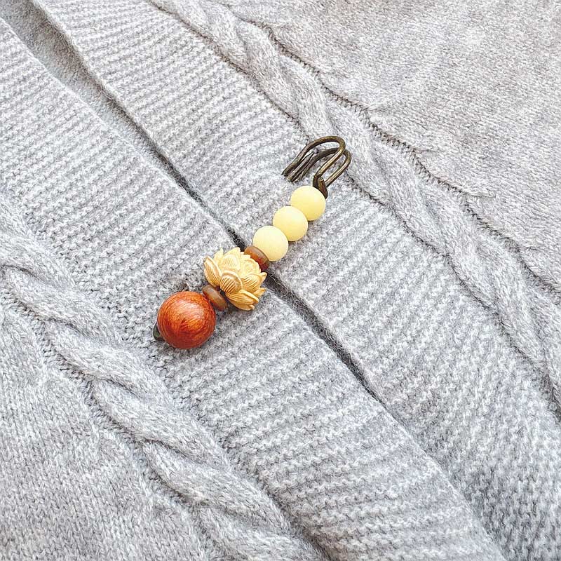 Vintage Bodhi Seed Boxwood Lotus Sandalwood Bead Peace Brooch