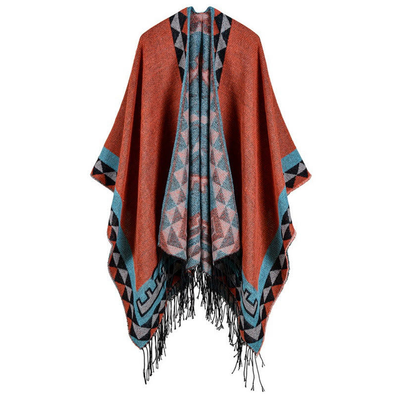 Tibetan Orange Geometric Rhombus Pattern Tassels Shawl Fall Winter Warm Scarf Wrap