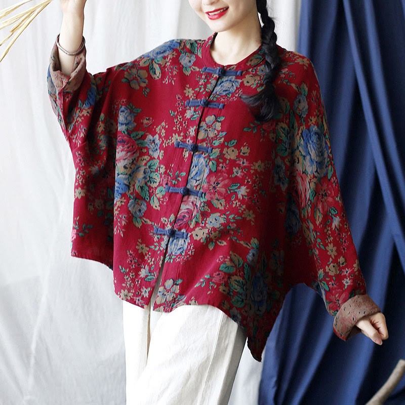 Red Flowers Green Leaves Print Frog-button Design Long Sleeve Cotton Linen Jacket Shirt