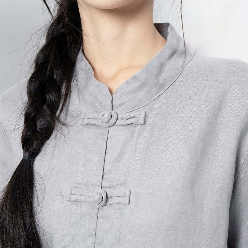 Solid Color Frog-button Long Sleeve Linen Women's Shirts With Pockets