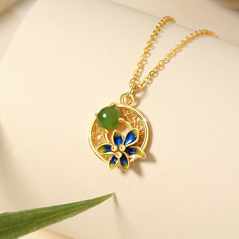 925 Sterling Silver Natural Hetian Cyan Jade Flower Luck Necklace Pendant Ring Earrings Set