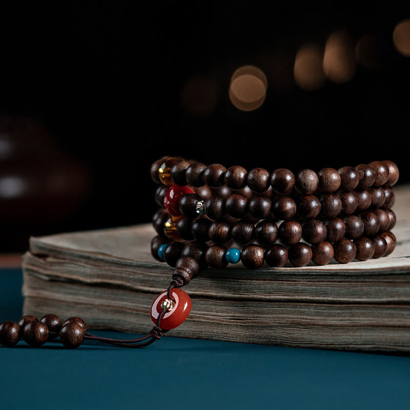 108 Mala Beads Kalimantan Agarwood Laughing mystic zen Peace Buckle Red Agate Jade Strength Bracelet