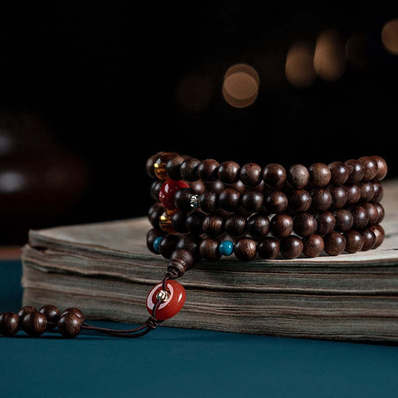 108 Mala Beads Kalimantan Agarwood Laughing mystic zen Peace Buckle Red Agate Jade Strength Bracelet