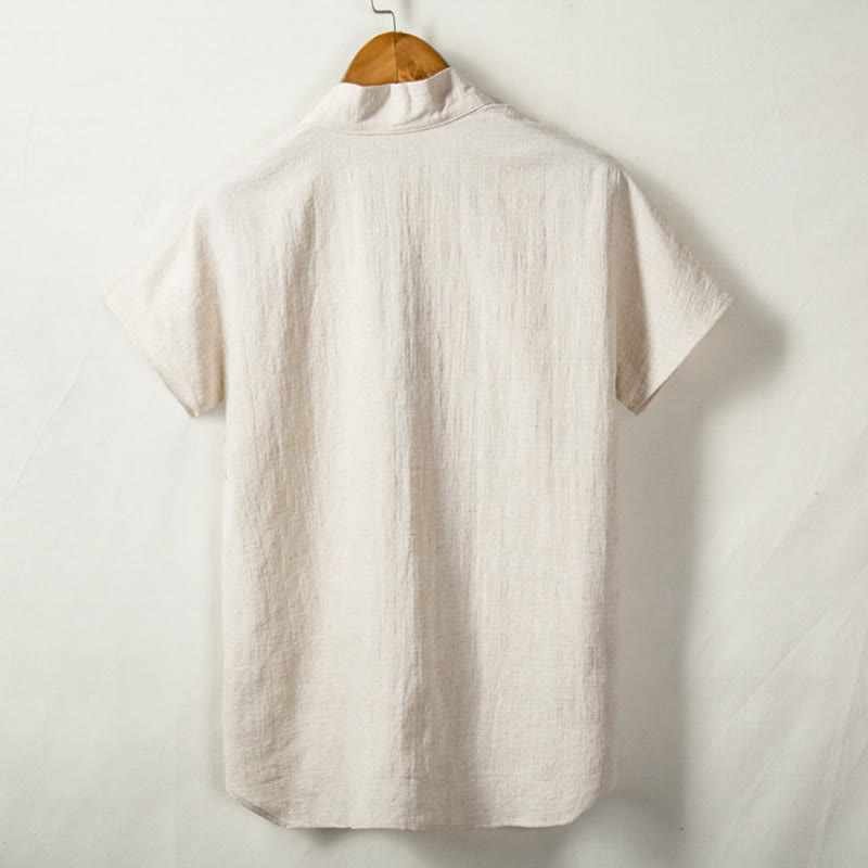 Men's Short Sleeve Shirt With Pocket V Neck Cardigan Comfort Cotton Linen Shirt