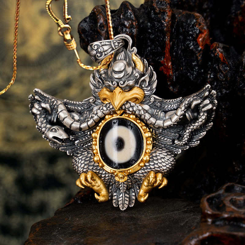 925 Sterling Silver Tibet Garuda Bird Dzi Bead Protection Necklace Pendant
