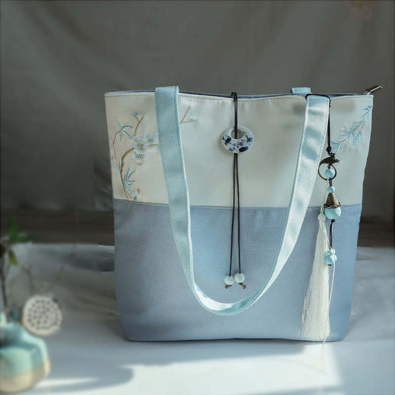 Pear Flower Plum Peach Blossom Bamboo Embroidery Canvas Large Capacity Shoulder Bag Tote Bag