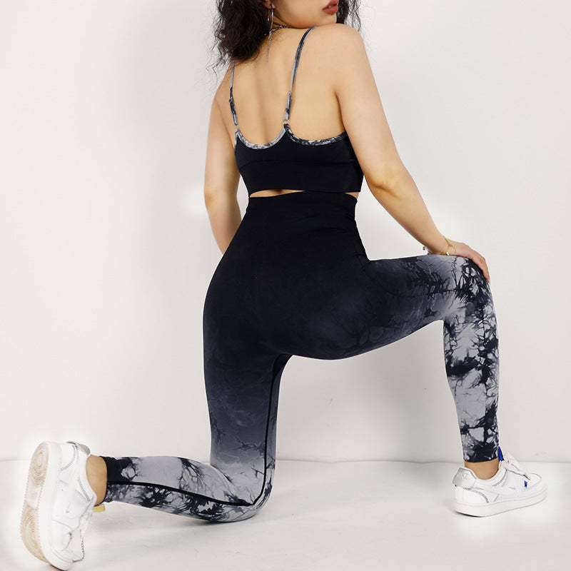 2Pcs Simple Tie Dye Print Crop Tank Top High Waist Pants Sports Gym Outfits Women's Yoga Sets