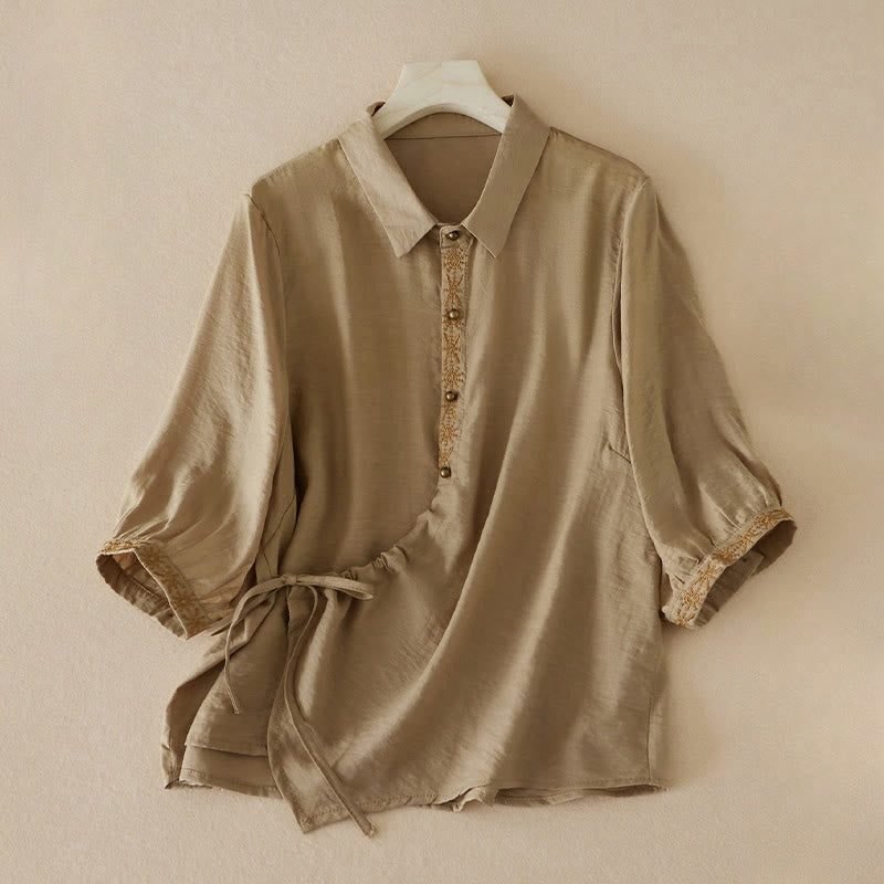 Casual Women's Embroidery Lace-up Top Stand Collar Design Three Quarter Sleeve Cotton Shirt