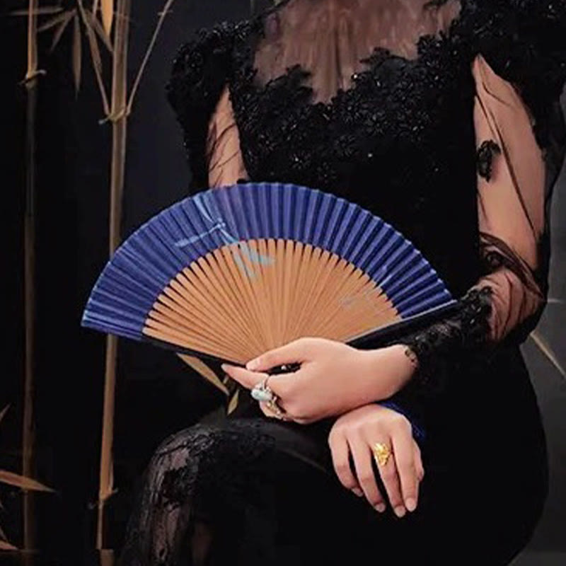 Dragonfly Handheld Polyester Tassel Bamboo Folding Fan 22cm