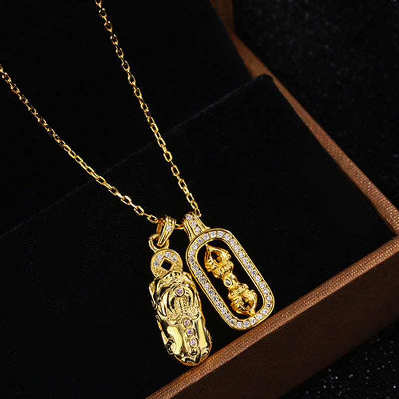 999 Sterling Silver Golden Pixiu Copper Coin Vajra Wealth Necklace Pendant