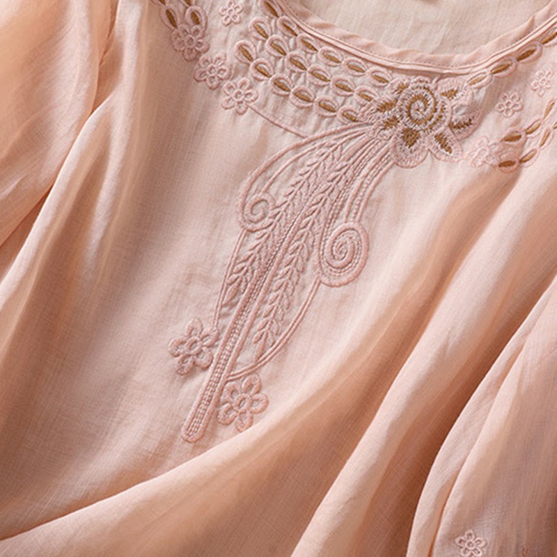 Artistic Plain Floral Embroidered Design Crew Neck Puff Half Sleeve Cotton Linen Women's T-Shirt