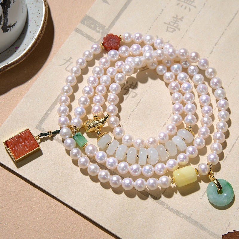 925 Sterling Silver Pearl Hetian Jade Red Agate Double Happiness Amber Luck Quadruple Wrap Bracelet