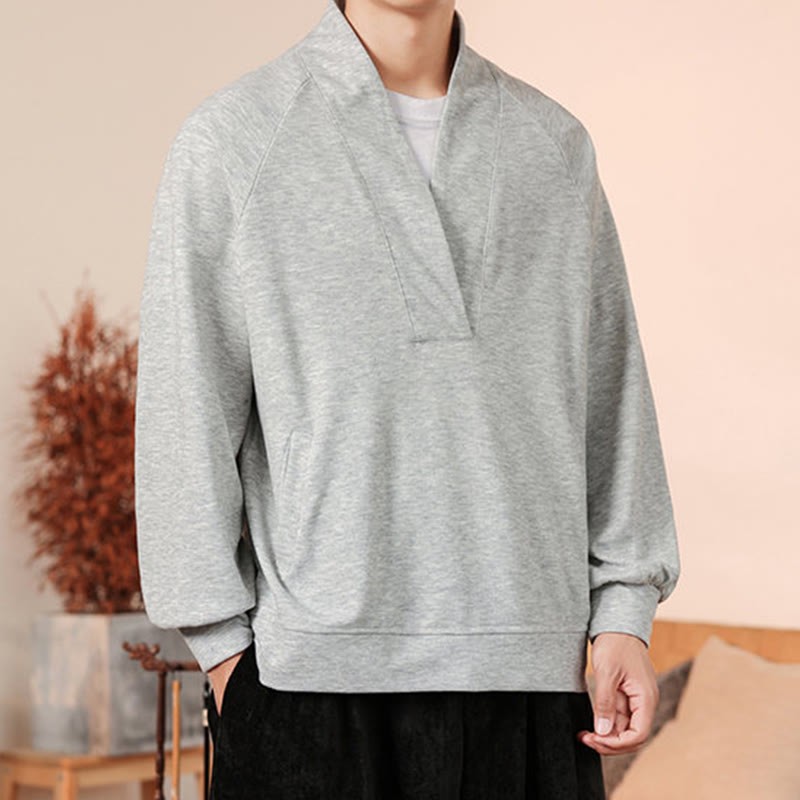 Fall Simple V-Neck Men's Sweatshirt Cotton Pullover With Pockets