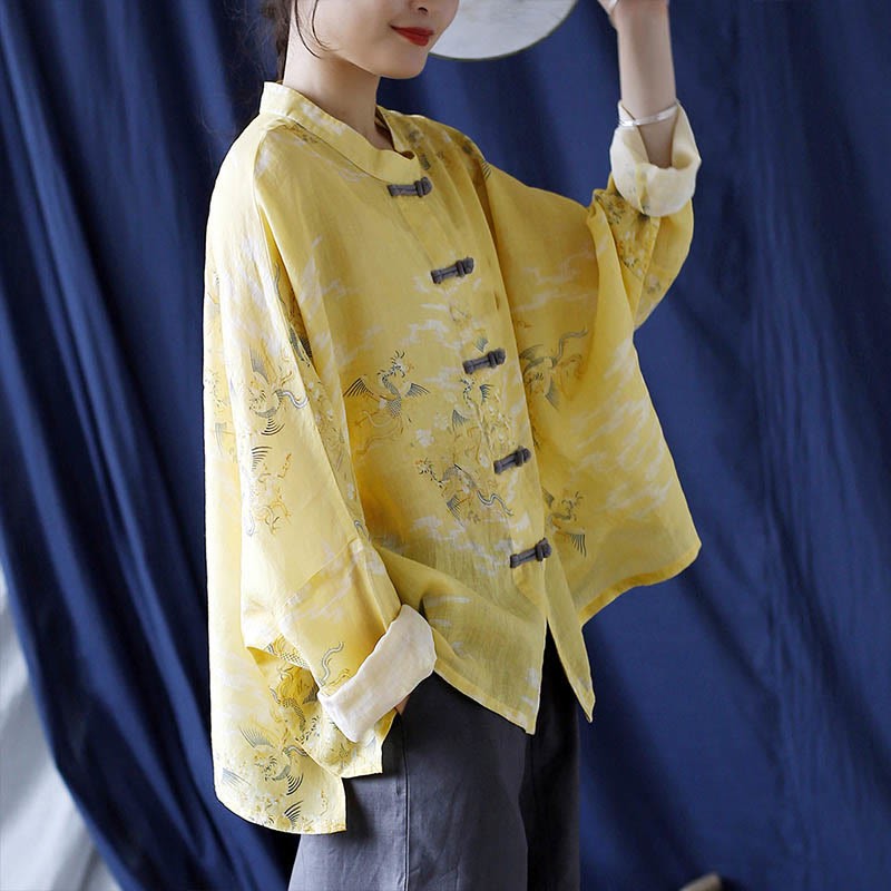 Yellow Phoenix Print Frog-button Design Long Sleeve Ramie Linen Jacket Shirt