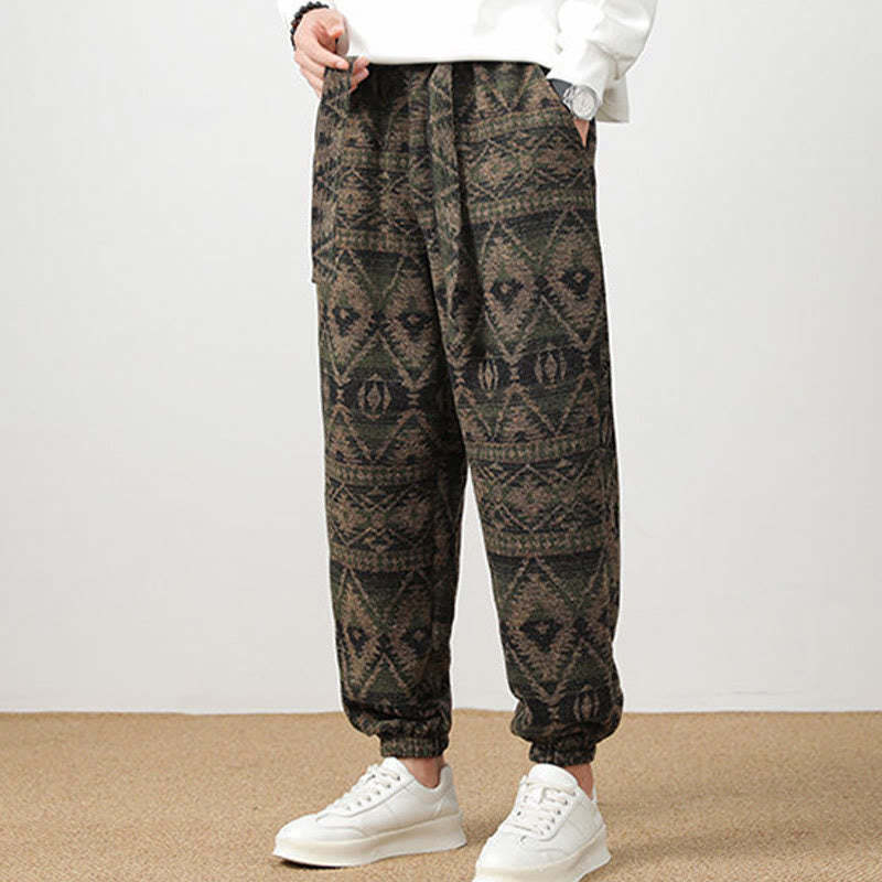 Ethnic Jacquard Knitting Drawstring Men's Pants With Pockets