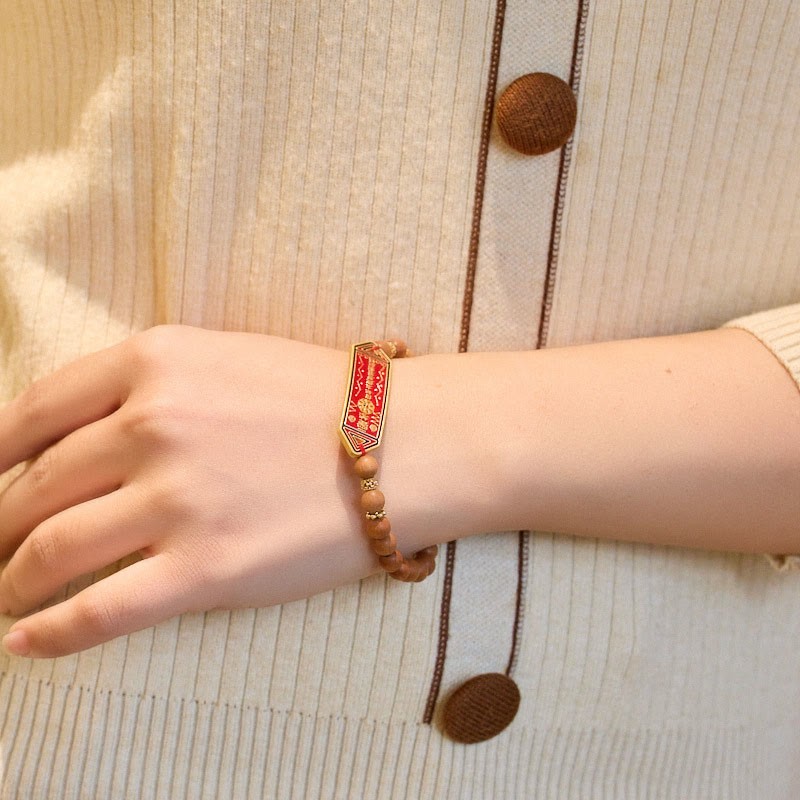 Sandalwood Wood Bead Gold Plated Copper Bagua Yin Yang Chinese Character Harmony Bracelet