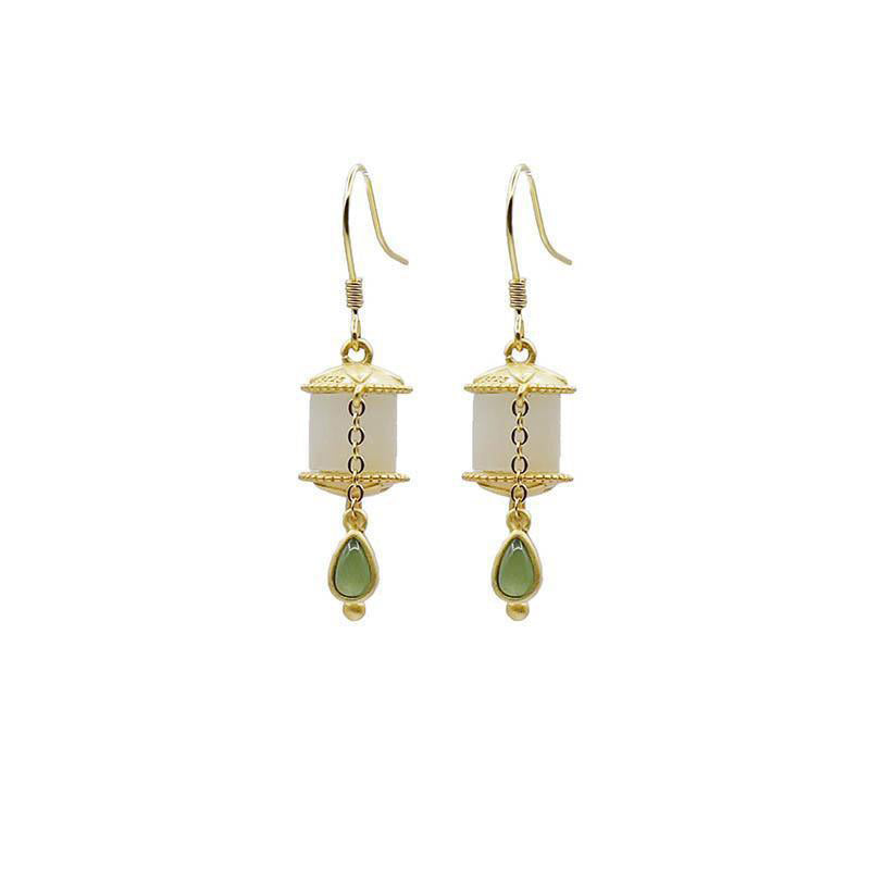 925 Sterling Silver Jade Prayer Wheel Luck Drop Earrings