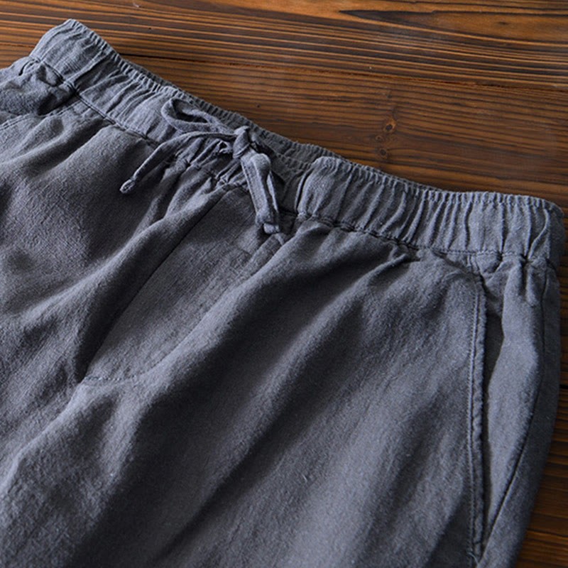 Casual Solid Color Simple Design Drawstring Ramie Linen Men's Pants With Pockets