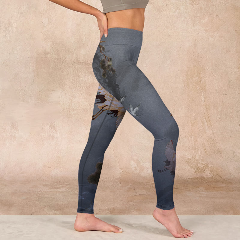 Auspicious White Crane Pine Tree Print Gym Leggings Women's Yoga Pants
