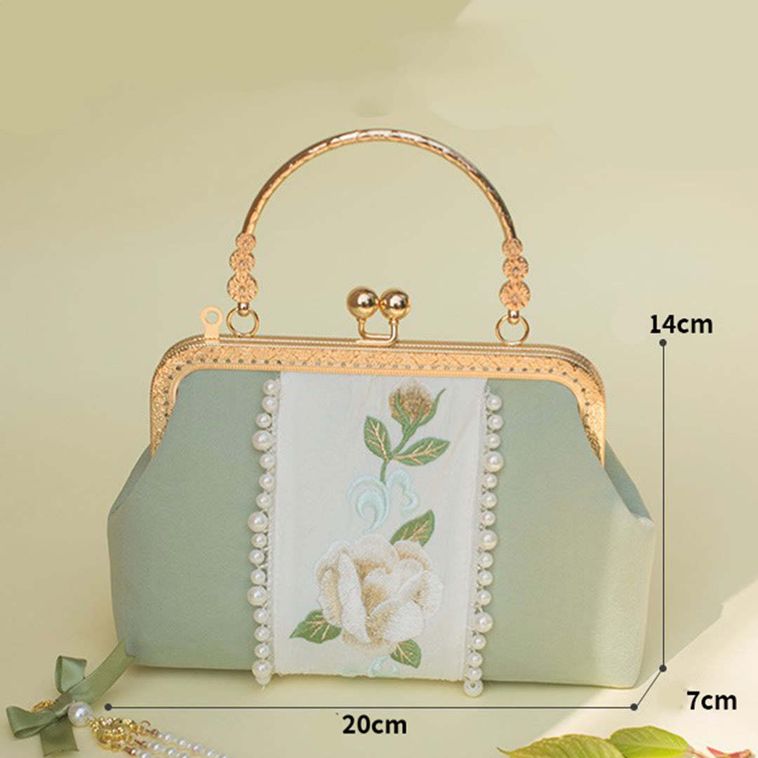 Double-sided Flowers Embroidery Pearl Pendant Metal Chain Crossbody Bag Handbags