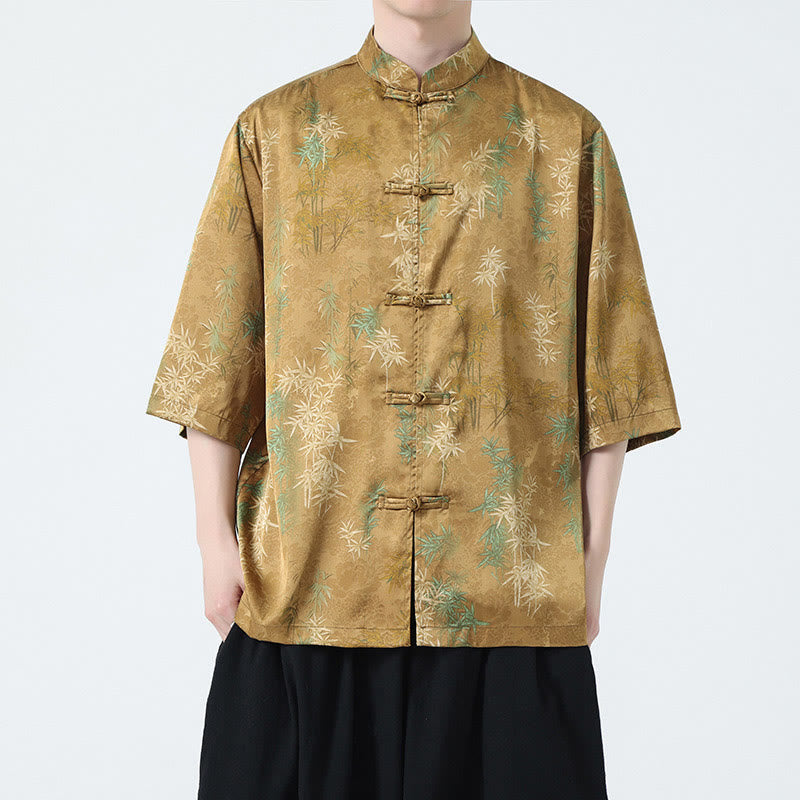 Bamboo Leaves Pattern Chinese Half Sleeve Shirt Men T-shirt