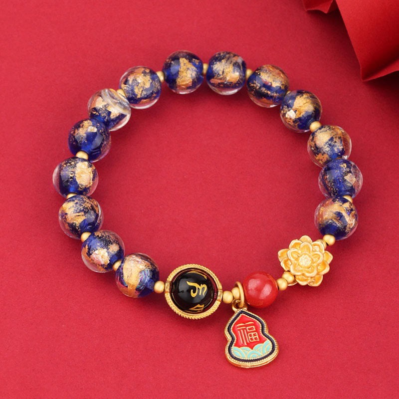 Tibet Om Mani Padme Hum Fu Character Gourd Charm Lotus Liuli Glass Bead Luck Bracelet