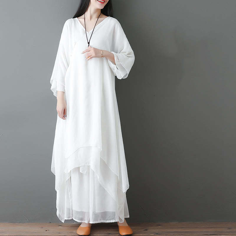 V-Neck Midi Tunic Dress Wide Leg Pants Meditation Zen Practice Dance Clothing
