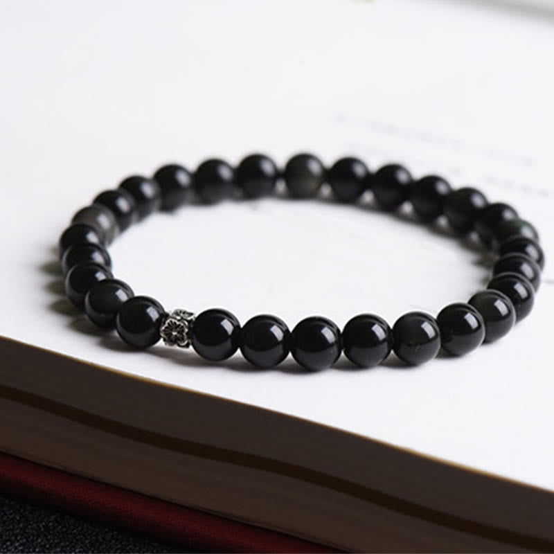 Black Obsidian Bead 925 Sterling Silver Flower Design Purification Bracelet