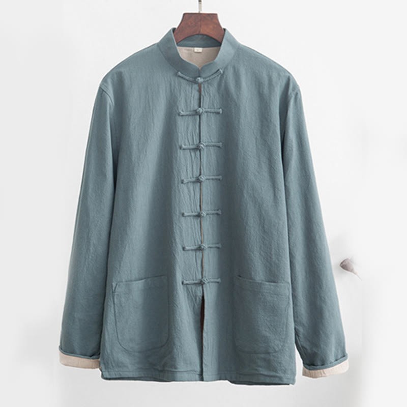 2Pcs Zen Tang Suit Men's Linen Frog-Button Long Sleeve Shirt Pants Set